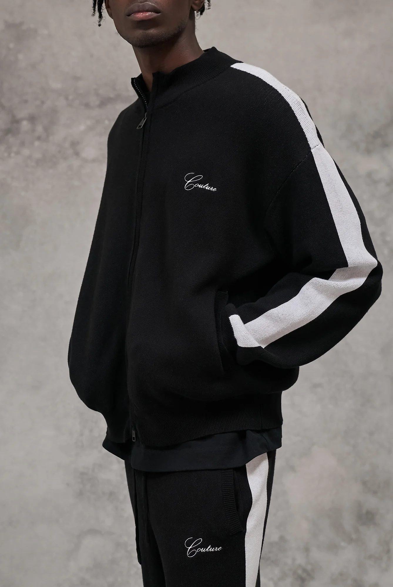 SIDE STRIPE KNITTED TRACK JACKET - BLACK - Image 3