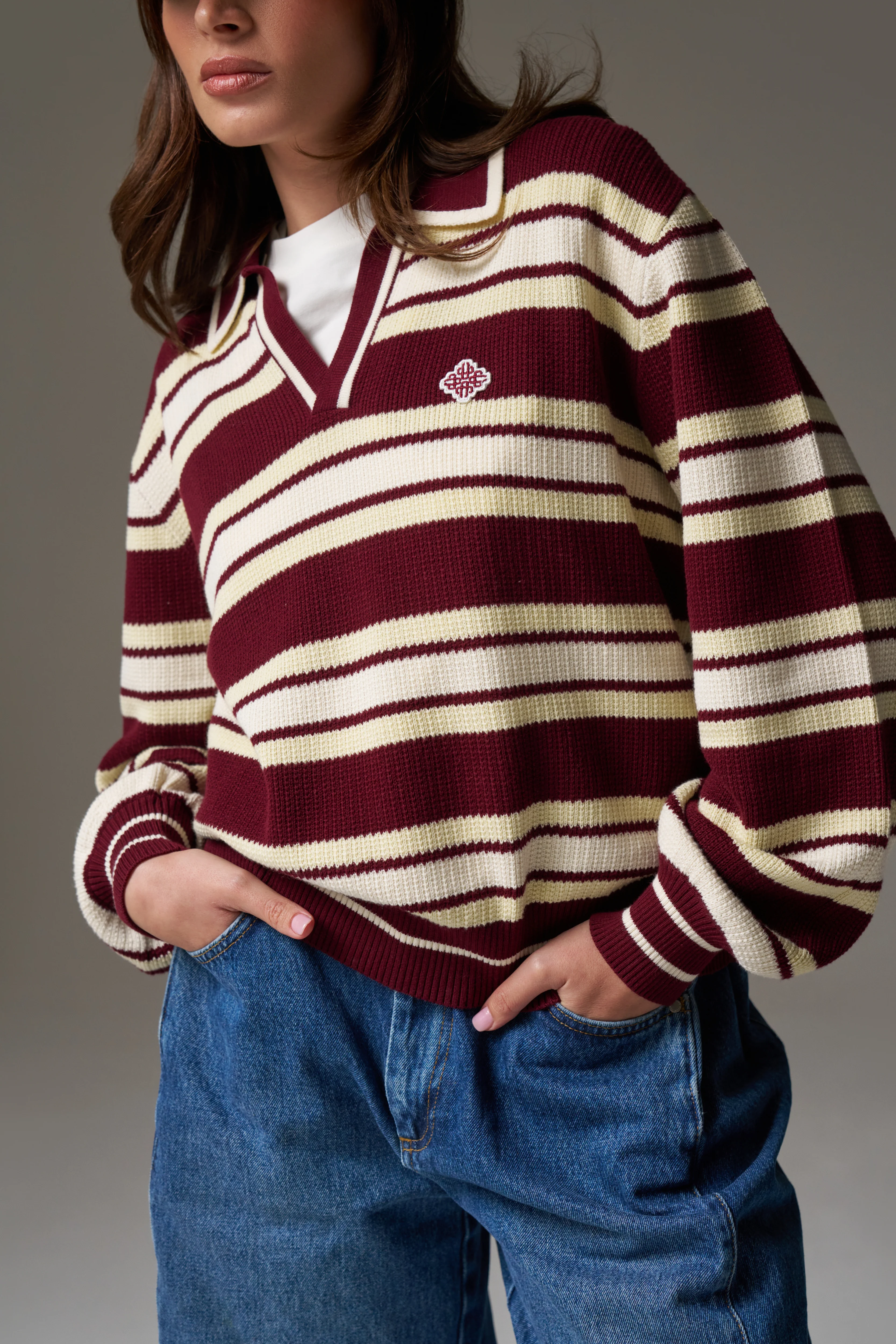 STRIPE KNITTED POLO SWEATSHIRT - BURGUNDY - Image 6