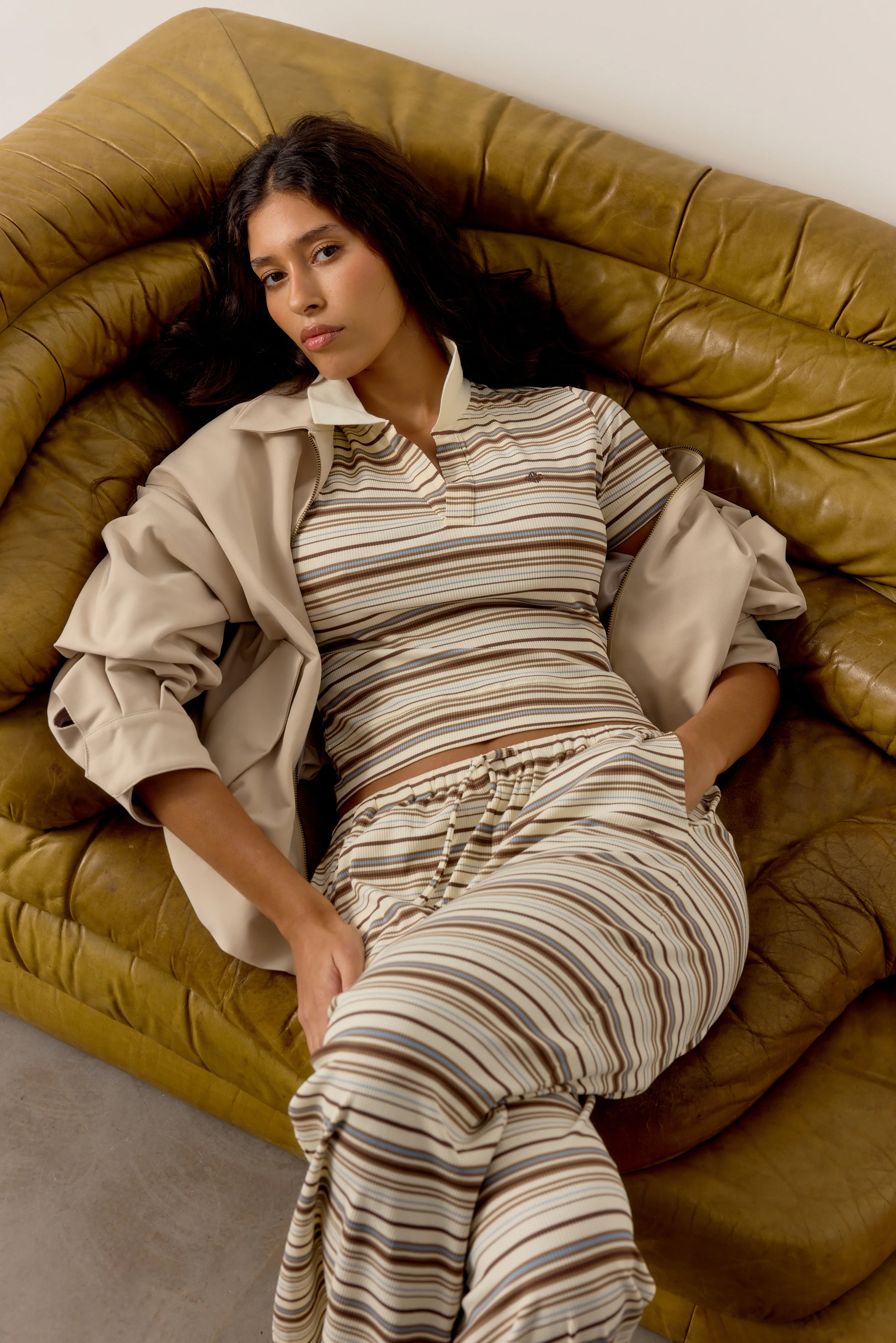 STRIPE SHORT SLEEVE POLO TOP - BEIGE - Image 4