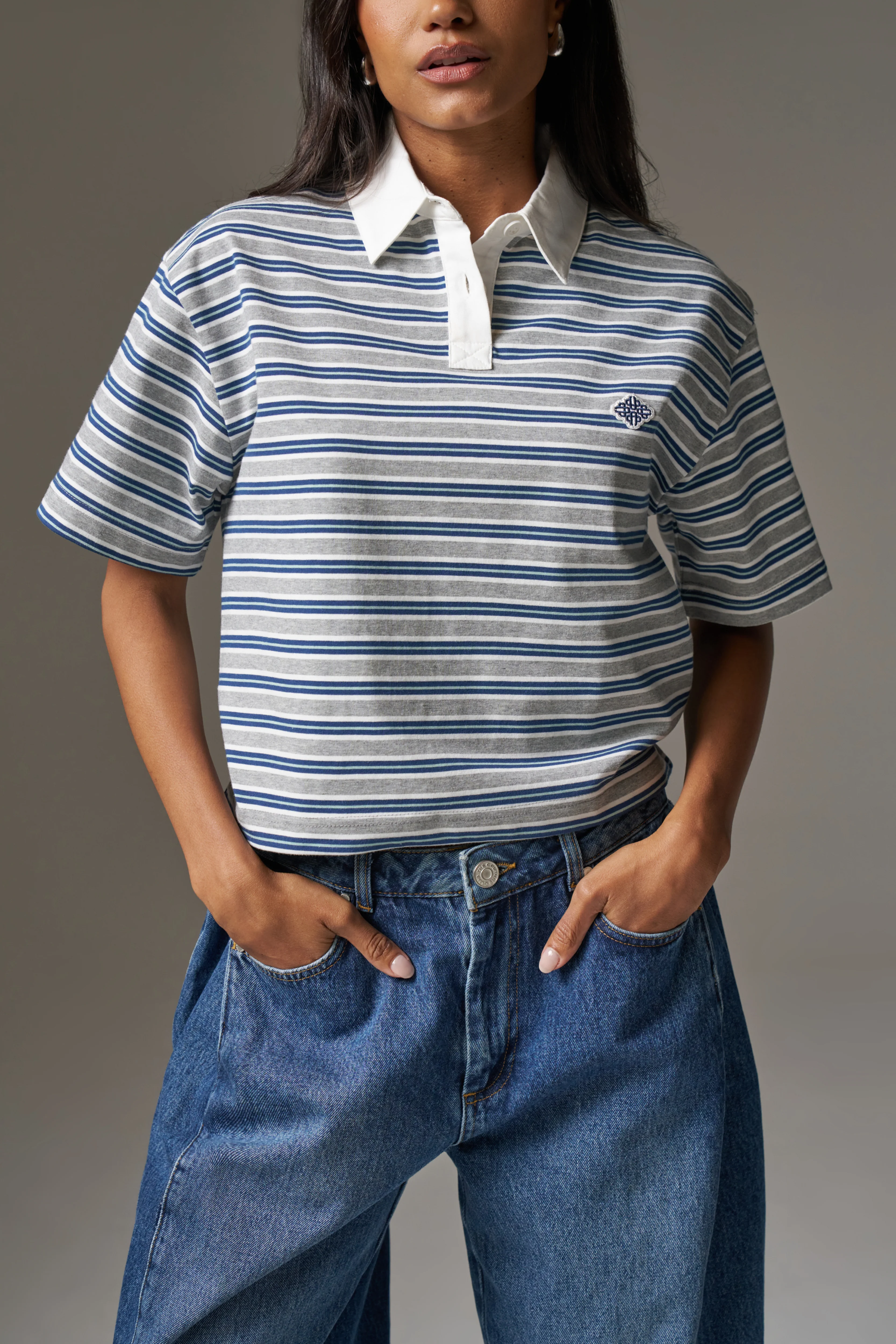 STRIPED POLO TEE - GREY - Image 4