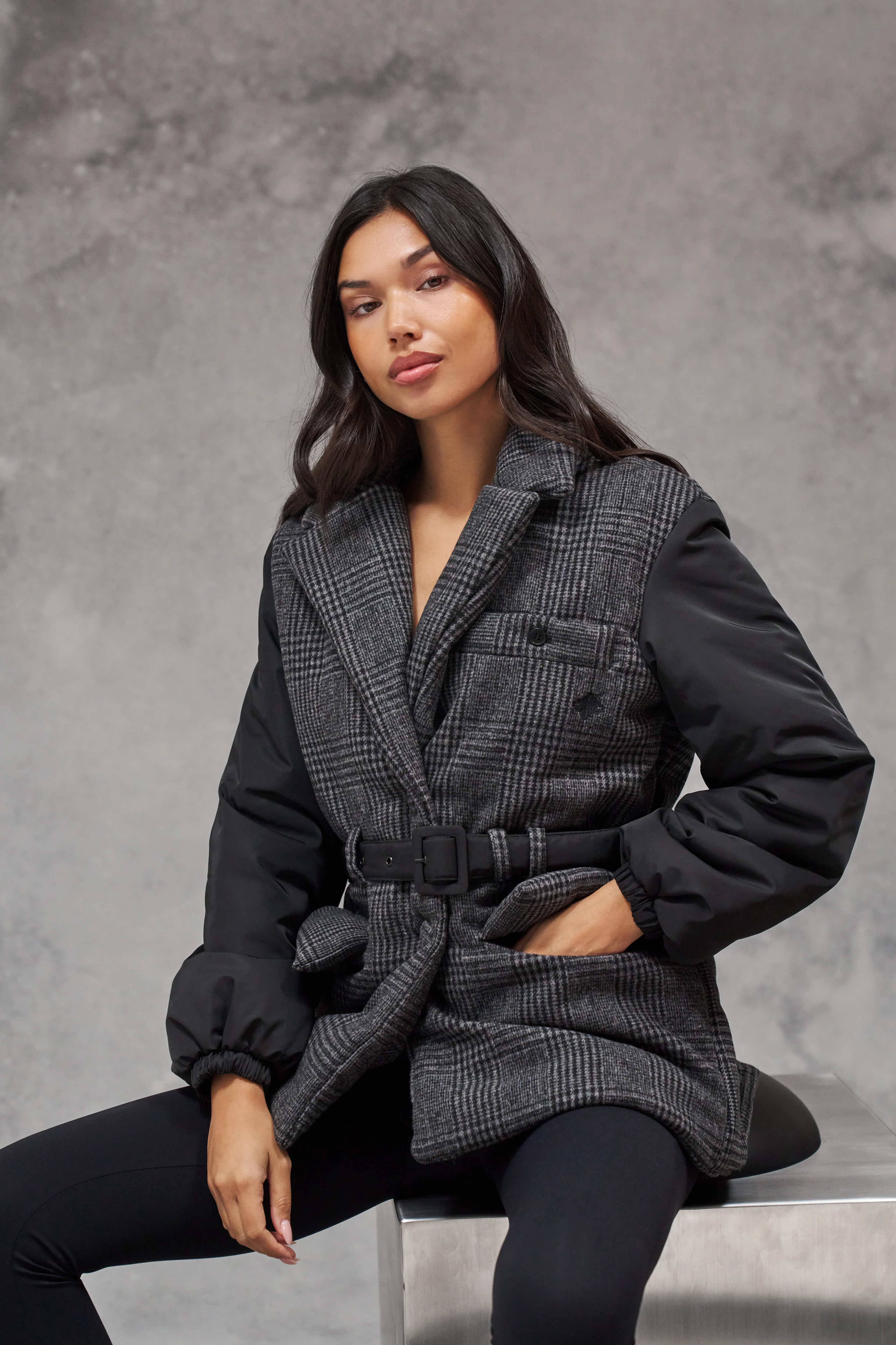 TONAL CHECK PADDED BLAZER COAT - BLACK - Image 2