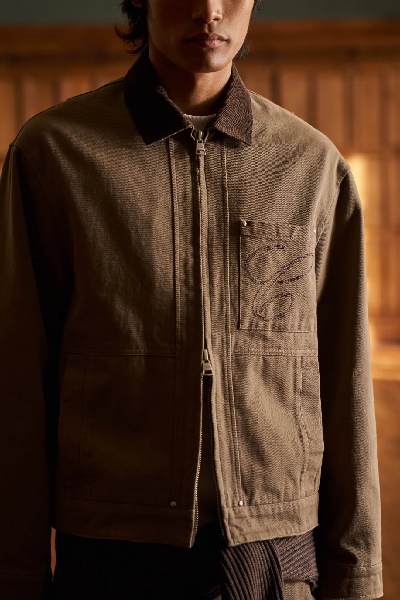 TWILL CONTRAST COLLAR JACKET - WASHED BROWN - Image 5
