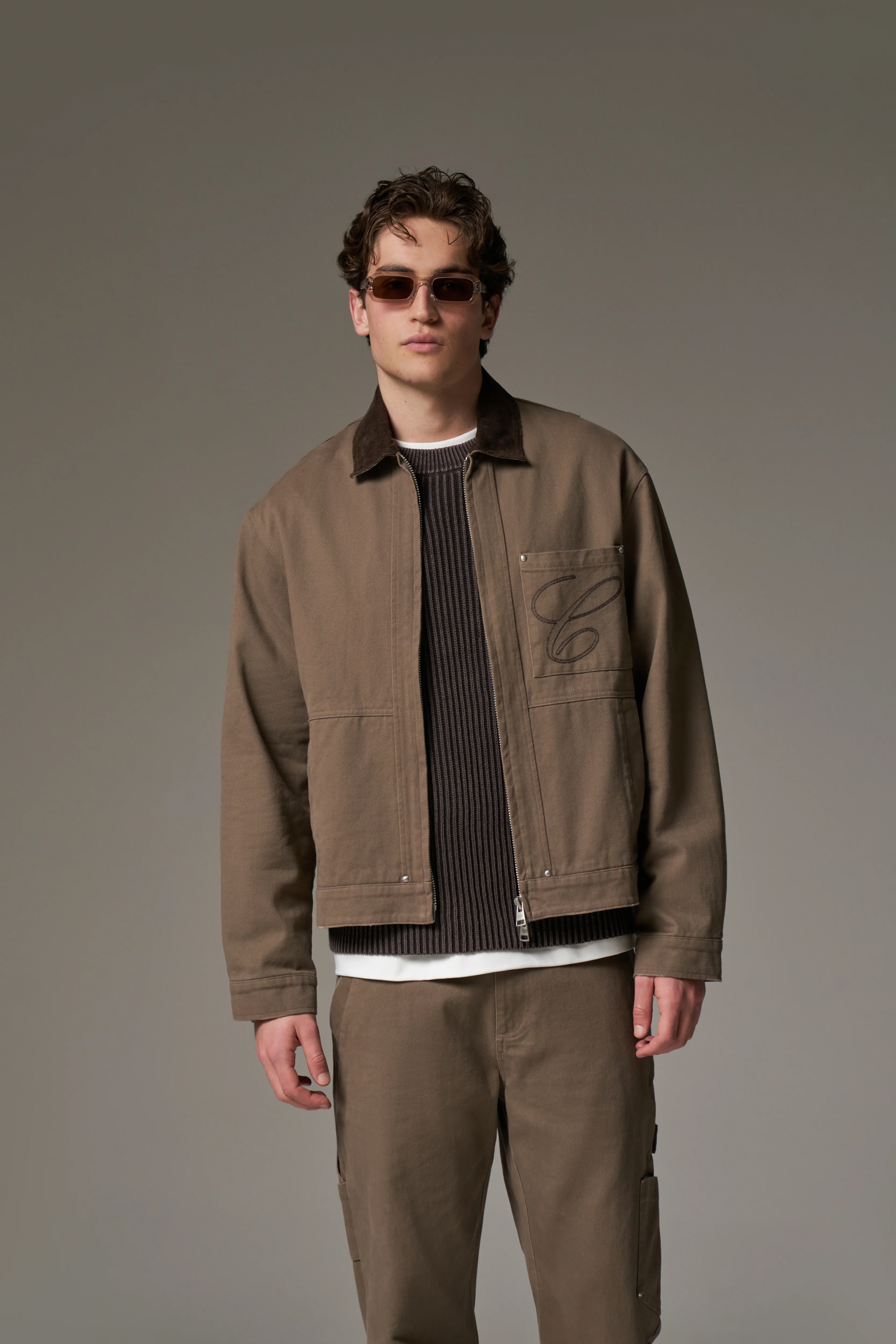 TWILL CONTRAST COLLAR JACKET - WASHED BROWN - Image 6