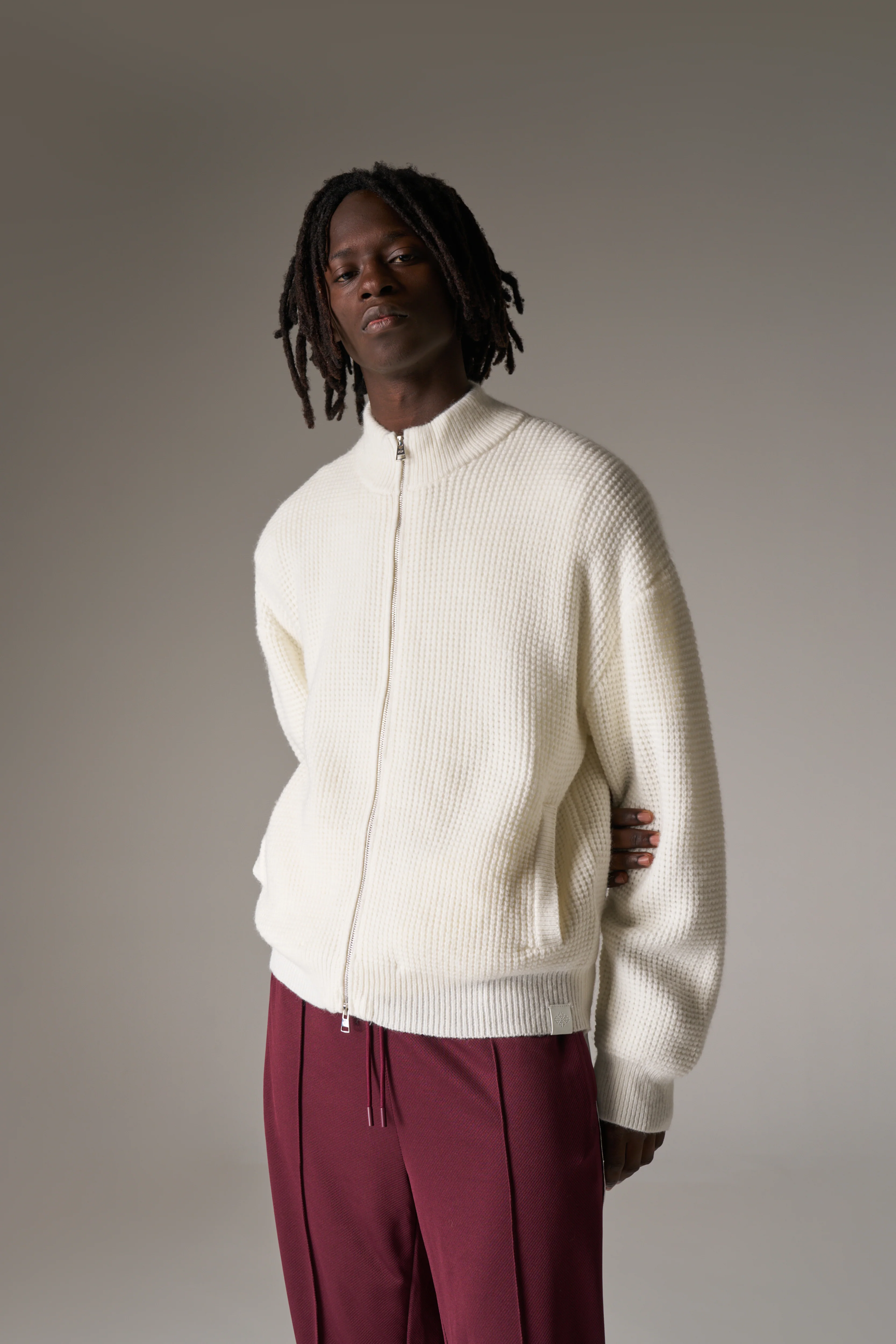 WAFFLE KNIT FUNNEL NECK ZIP THROUGH - WHITE - Image 5